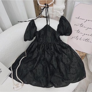 Đầm hoa nổi bigsize cột yếm tay phồng đan dây sau lưng ( Thời trang Vicky G - Anitagreen ) HN0323
