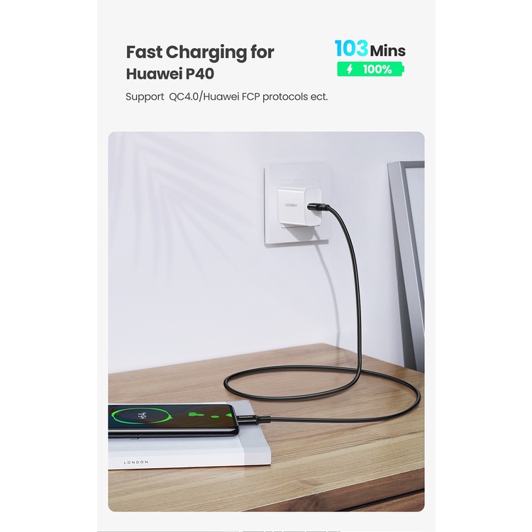 Dây cáp sạc nhanh UGREEN 4.0/3.0 5A 100W USB C hàng chính hãng