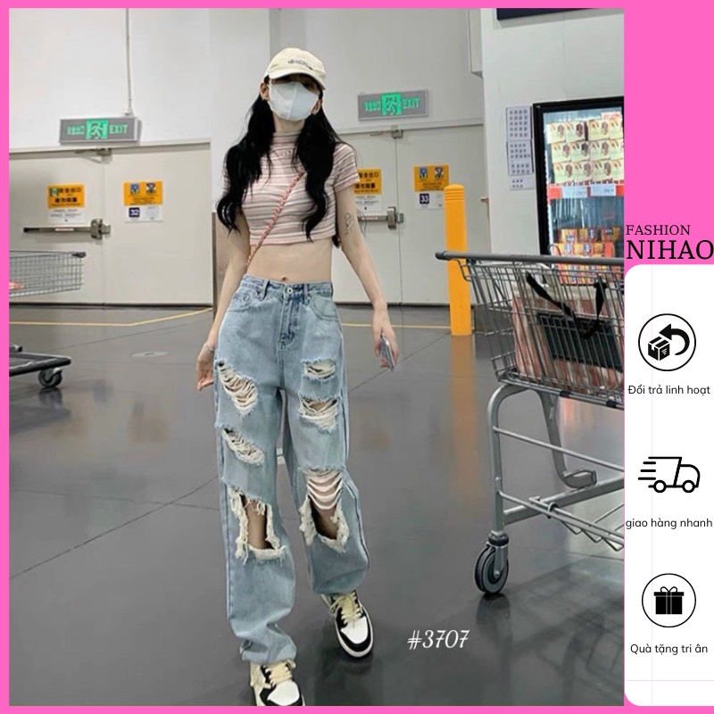 Quần Jeans Nữ Rách Nihao Sexy Đường Phố Chất Jeans Mềm Mại , Quần Jean Nữ Lưng Cao Ống Rộng Suông Rách Tả Tơi 3707