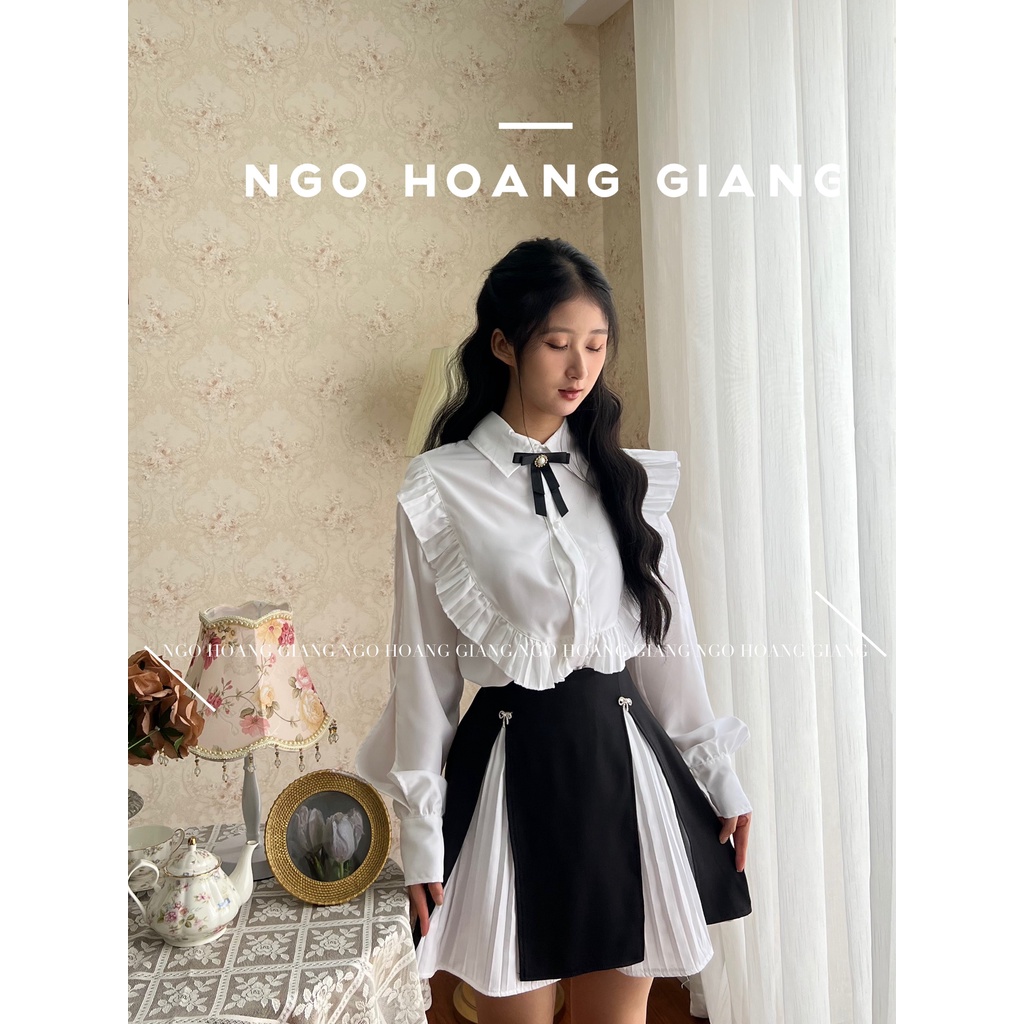 set áo sơmi cổ bèo dài tay + chân đầm xếp ly chữ A phối vạt chéo + 2 tag nơ nhí + 1 tag nơ ngọc LIA SET