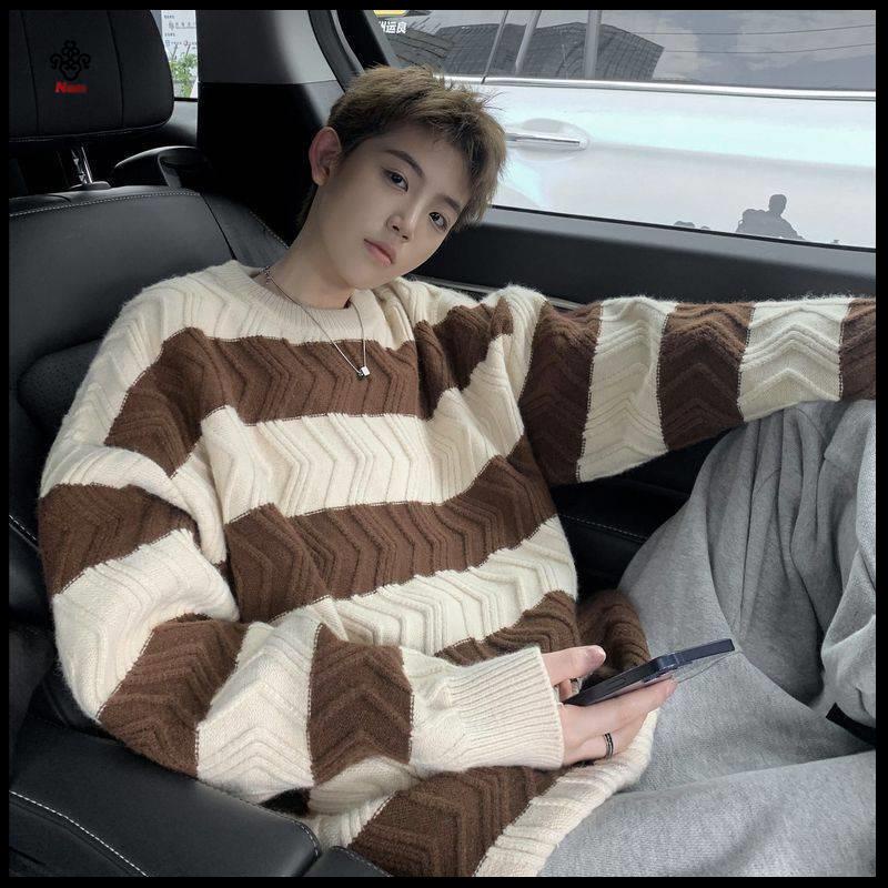 Ch t L Ng cao O len nam D T kim D Ng R Ng D i tay Áo Sweater Kẻ Sọc Mùa Thu Đông Cho nam & Nữ#Áo Khoác Đế Dày Dáng Rộng Cỡ Lớn 39; s 39; s
