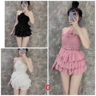Sét bộ áo yếm croptop nhúm nhúm đính hoa trước ngực phối chân váy tầng cực hot , chất voan mềm mát