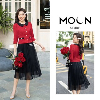 Áo dạ chân váy công sở, áo dạ tweed dáng ngắn mix chân váy xếp ly dài sang chảnh MA161 - Moon