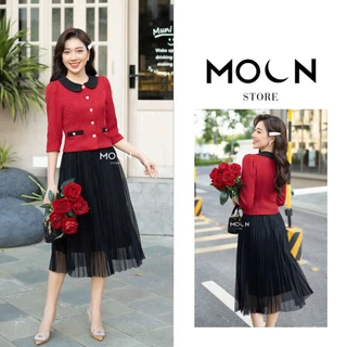 Áo dạ chân váy công sở, áo dạ tweed dáng ngắn mix chân váy xếp ly dài sang chảnh MA161 - Moon