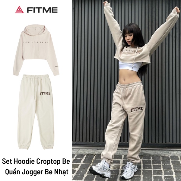Bộ thể thao nữ Fitme áo Hoodie Croptop Be, quần jogger nỉ bông Be chất cotton dày dặn form rộng