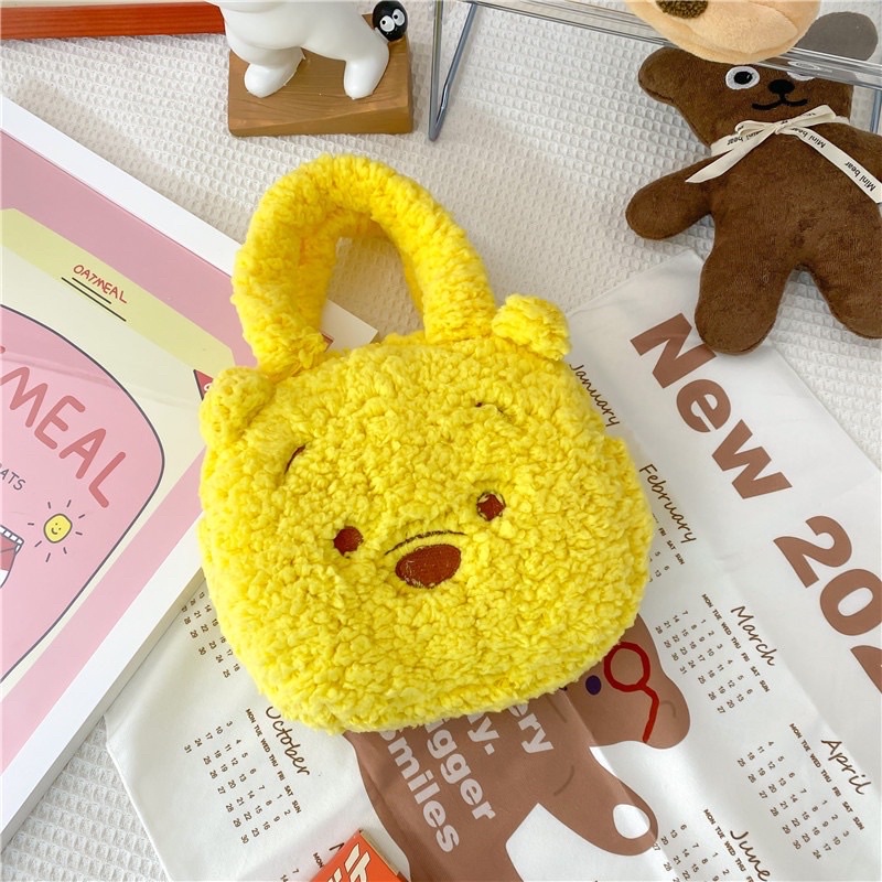 Túi đeo vai hình thú nhồi bông đáng yêu cho bé gái, túi xách tay len xù losto gấu dâu tây