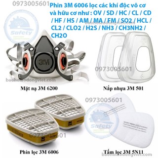 Mặt nạ khẩu trang phòng độc 3M 6200 kết hợp phin lọc 3M 6006: lọc hơi hữu cơ, khí amoniac, khí clo, hơi axit, khí sulfur