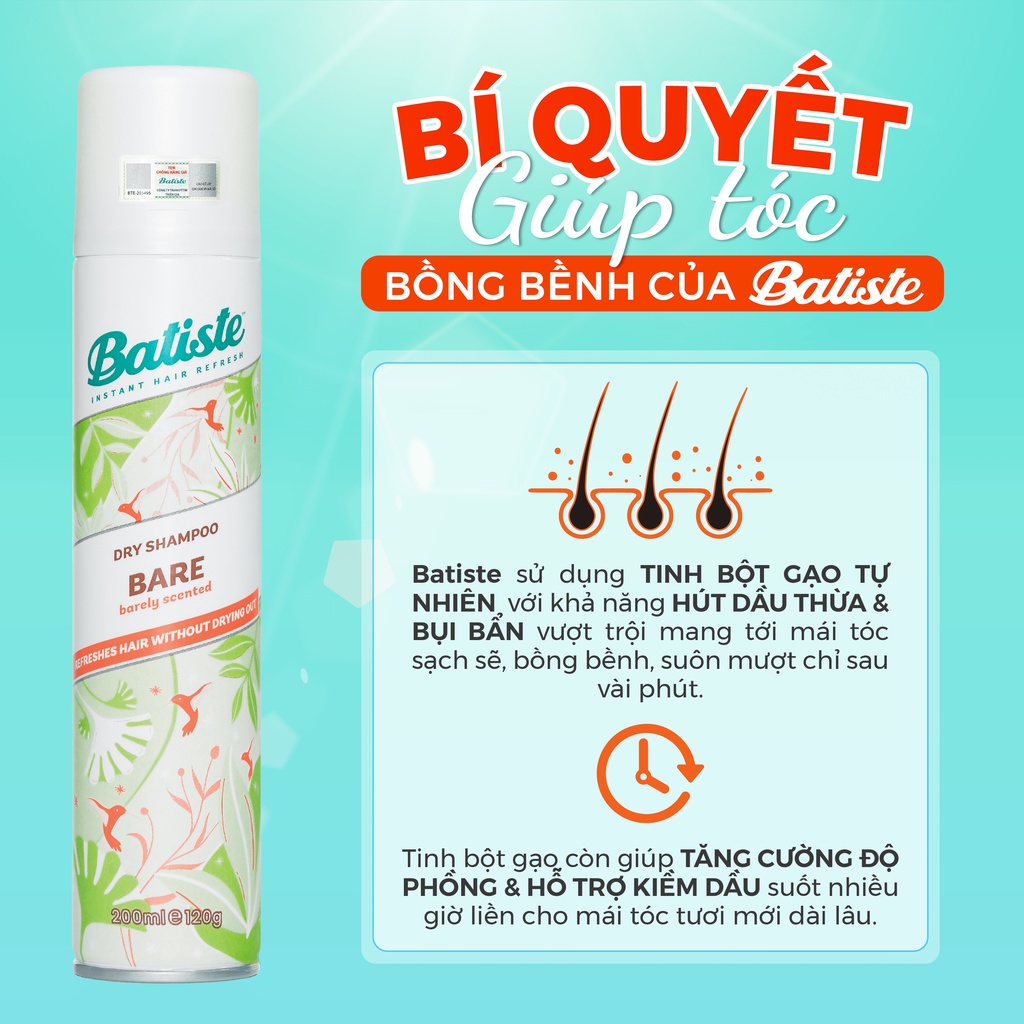 Dầu Gội Khô Batiste Hương Hoa Thiên Nhiên Dịu Nhẹ - Batiste Dry Shampoo Natural & light Bare 200ml