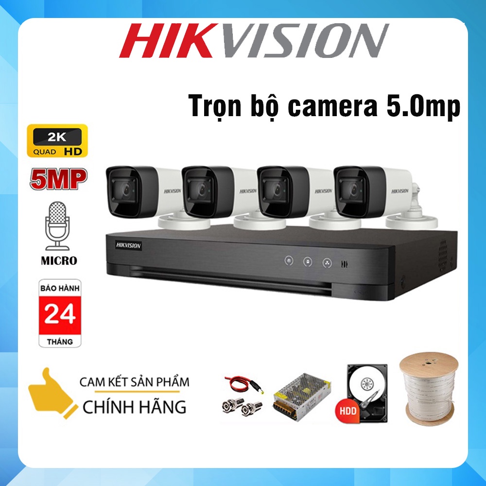 Bộ 4 Camera giám sát Hikvision | Hiviz Pro 5.0MP [2K] Siêu nét, Kèm HDD & Đầy đủ phụ kiện lắp đặt - Hàng Chính Hãng