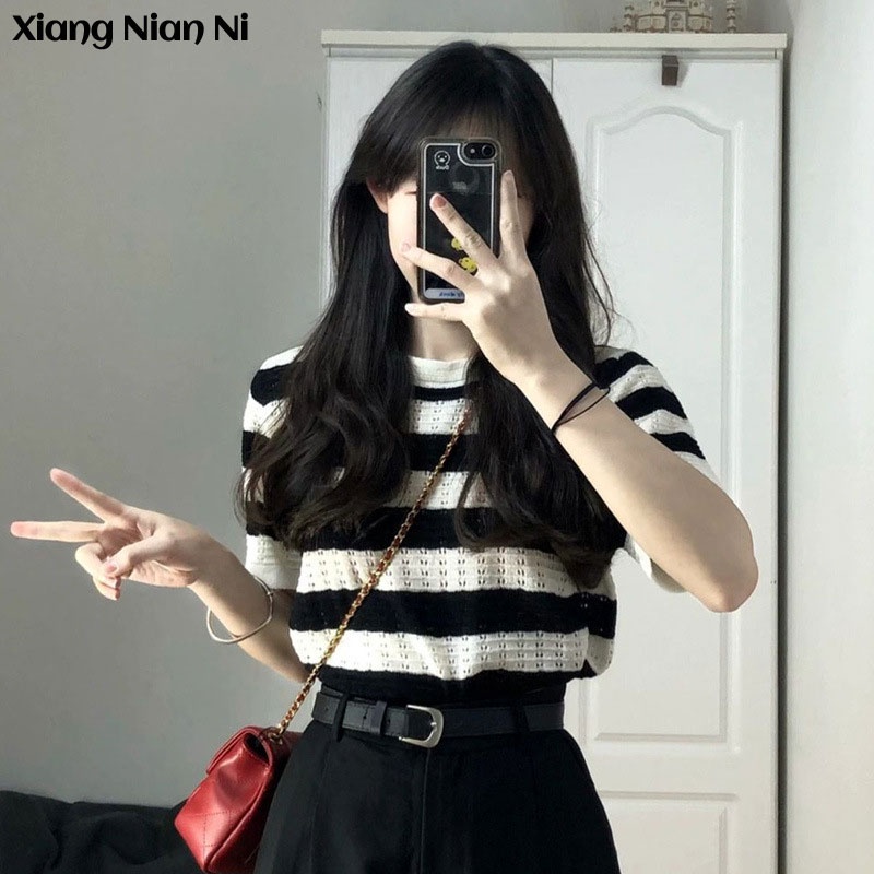 Xiang Nian Ni Áo thun ngắn tay họa tiết kẻ sọc ngang thời trang Hàn Quốc cho nữ