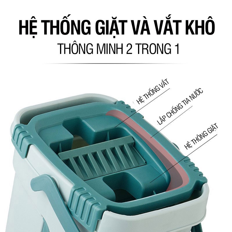 Bộ lau nhà thông minh Kitimop-S1 có thùng lau nhà 2 ngăn tự vắt, chổi lau nhà xoay 360 độ lau sạch khô nhanh, 2 bông lau