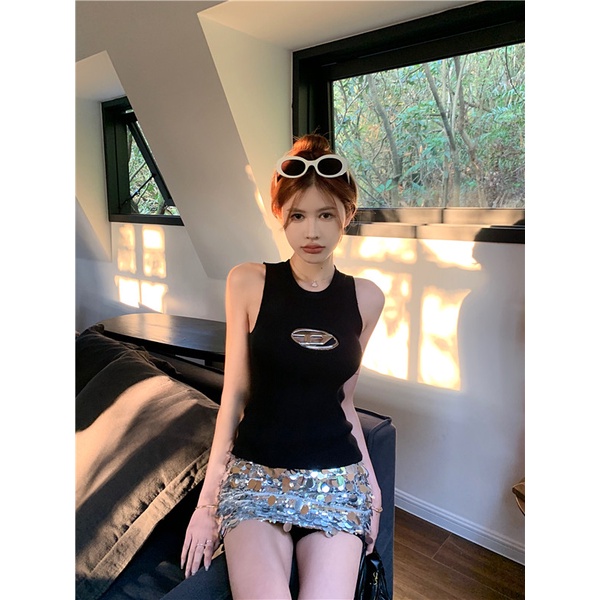 QADCOL Áo Len Cổ Thuyền Không Tay Màu Đen Thời Trang Xuân Hè Cho Nữ