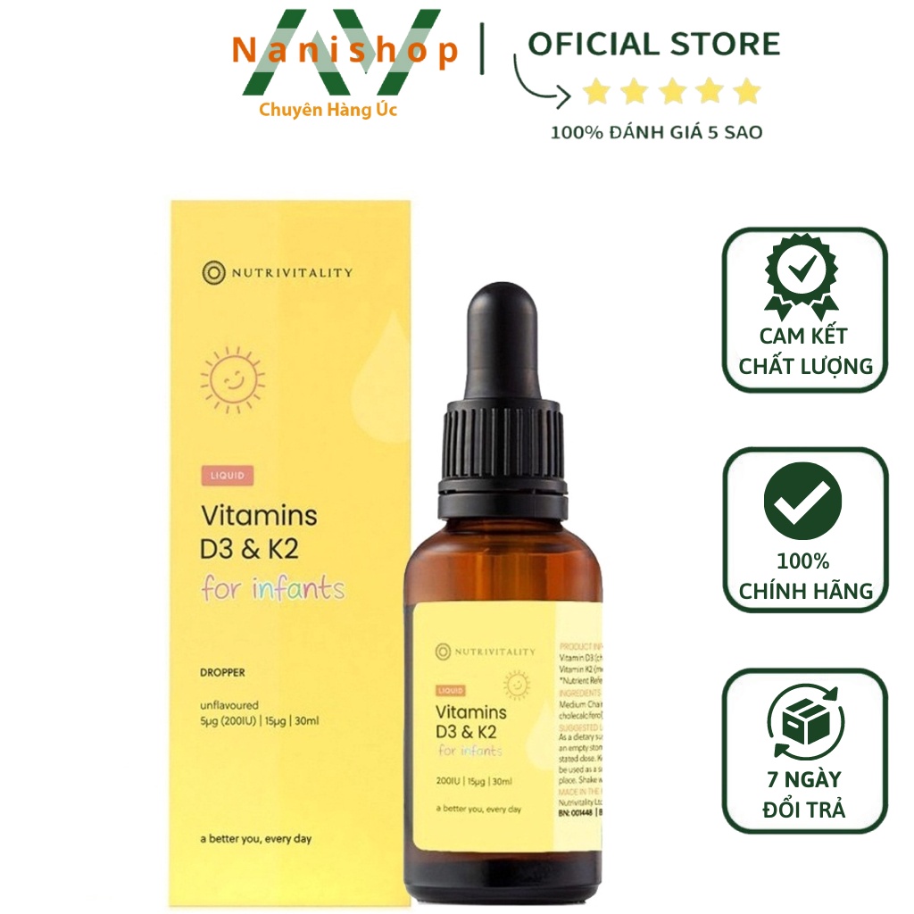 Vitamin D3 K2 MK7 ANH Nutrivitality 30ml Cho Trẻ Từ Sơ Sinh