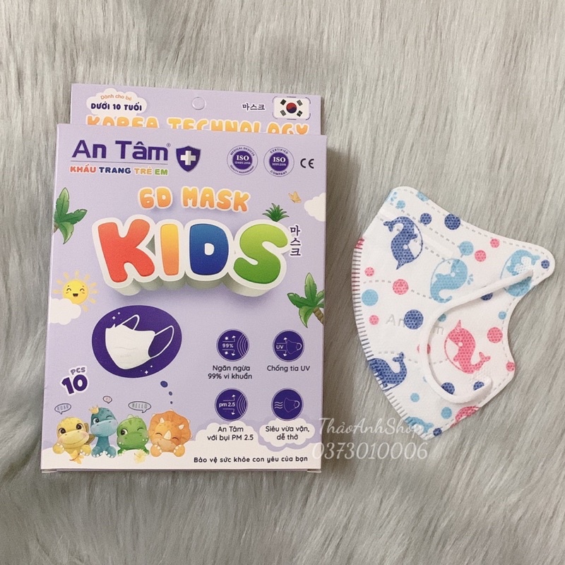 Hộp 10 cái khẩu trang 6D Kids An Tâm dành cho bé 2-6 tuổi đủ hình