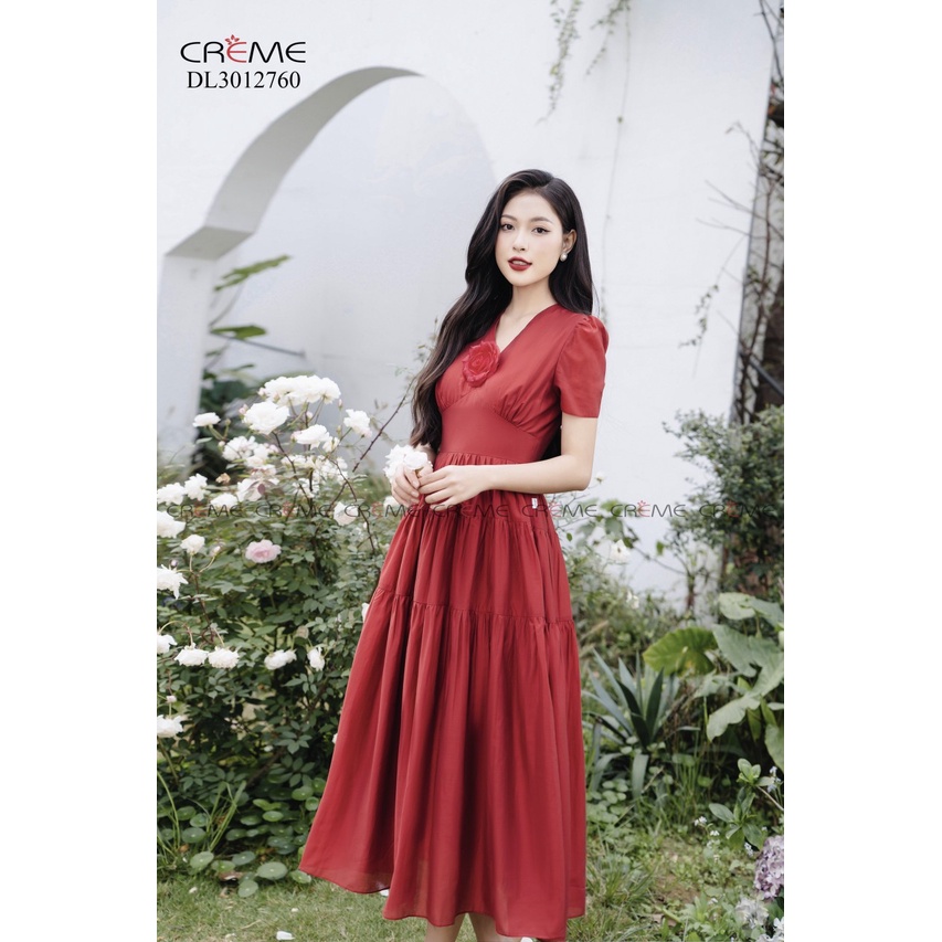 ĐẦM LIỀN CÔNG SỞ CAO CẤP, CỔ V DÁNG XÒE, PHONG CÁCH TIỂU THƯ HÀN QUỐC TRẺ TRUNG,  THIẾT KẾ CREME DL3012 | BigBuy360 - bigbuy360.vn