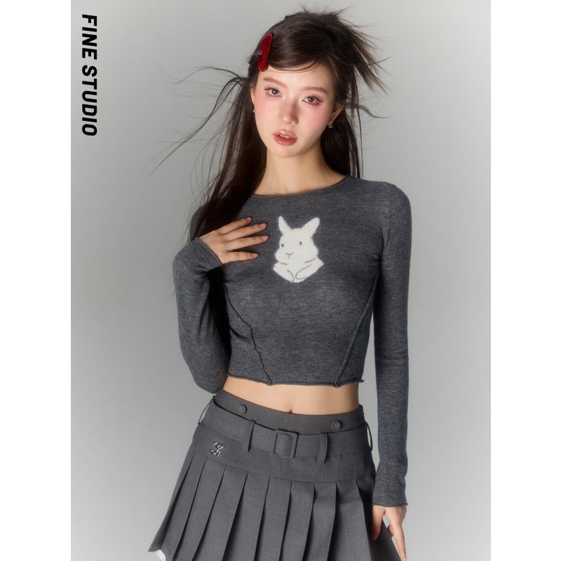 Áo Thun Ngắn Cổ Tròn Thêu Hình Thỏ Đáng Yêu