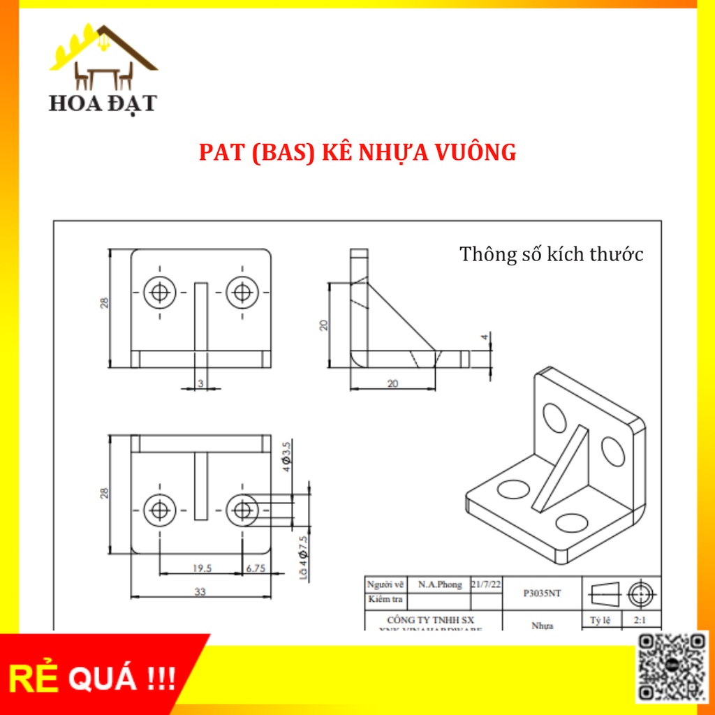 Pat  nhựa vuông màu trắng P3035NT - Hàng chính hãng