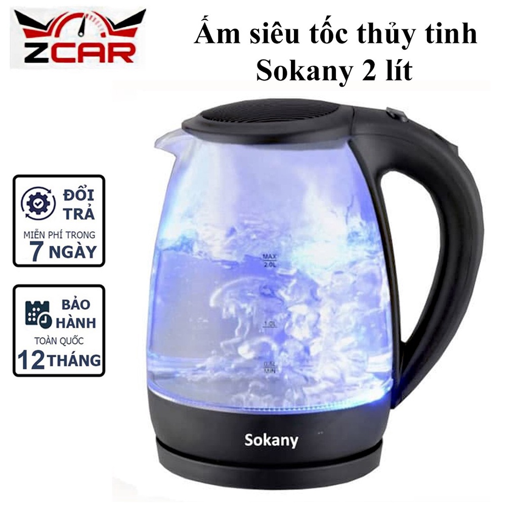 Ấm siêu tốc,ấm nước trong suốt SOKANY 2 Lít xoay 360 độ có lưới lọc chống trào nước khi sôi.Bảo hành 12 tháng