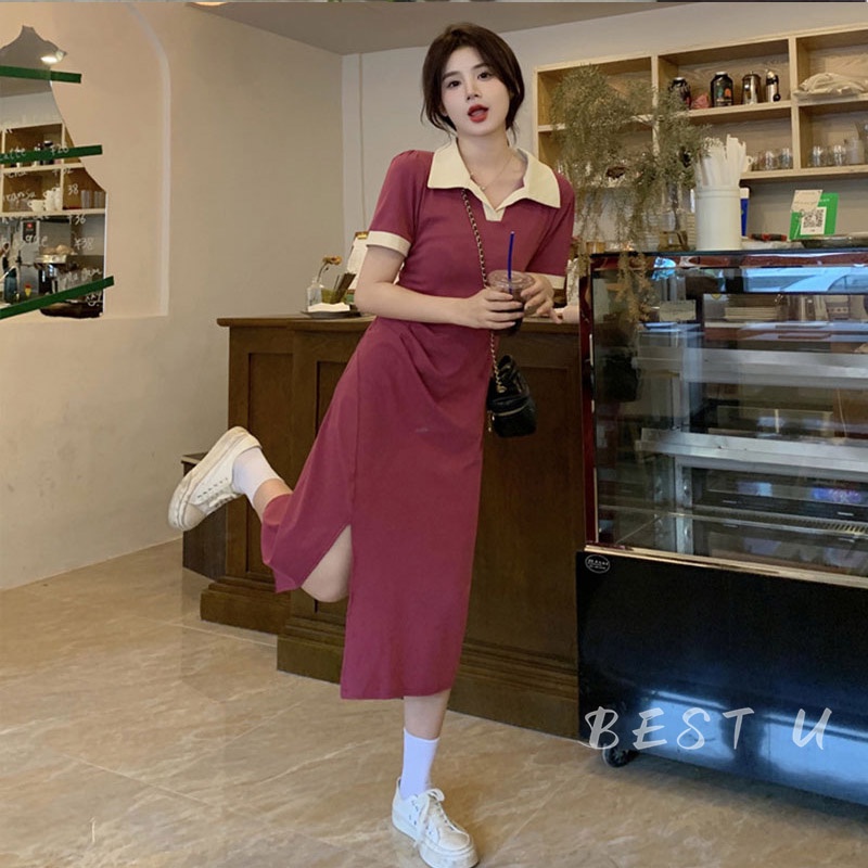 BEST U Đầm Chữ A Cổ POLO Tay Ngắn Màu Sắc Tương Phản Thời Trang Cho Nữ