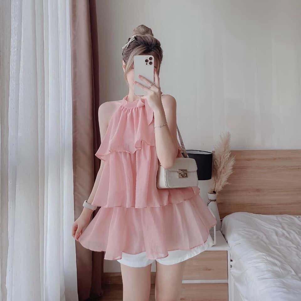 SET ÁO VOAN TƠ CỔ YẾM BÈO MIX QUẦN ĐÙI SIÊU DỄ THƯƠNG,SET BỘ TIỂU THƯ ÁO CỔ YẾM XẾP TẦNG KÈM QUẦN FOR TÔN DÁNG TRẺ TRUNG