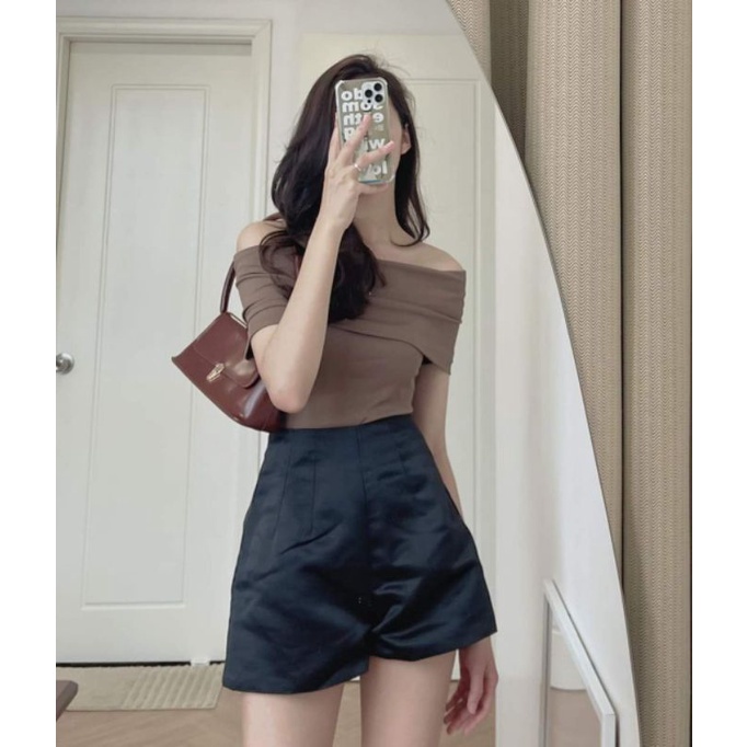 Áo trễ bẹt vai ngang bản to nữ thun tăm croptop áo ống ngắn tay freesize Ailee.st AO NU 0010P1