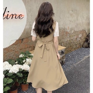 Đầm váy freesize kem cổ trắng thắt eo