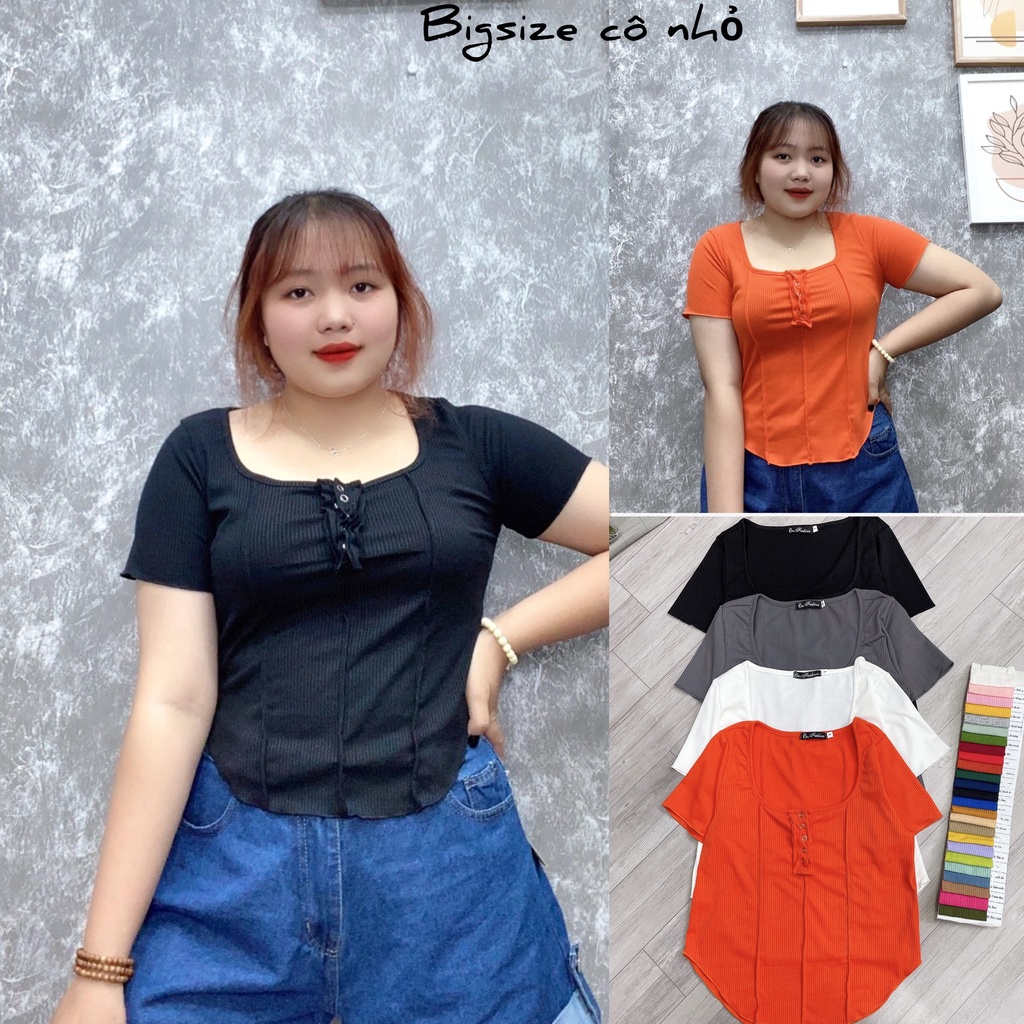 Áo Kiểu Croptop Bigsize Tay Ngắn Cổ Vuông Nút Bấm Gọn Eo Tôn Dáng, Áo Thun Big Size Vải Dệt Kim Thun Gân Co Giãn G109