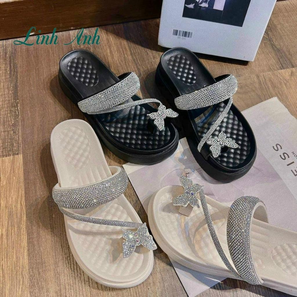 (Full box) Dép sandal nữ xỏ ngón đính đá họa tiết cách hoa đế 5cm hàng QC mới về ( chân gầy mỏng lùi 1 size )
