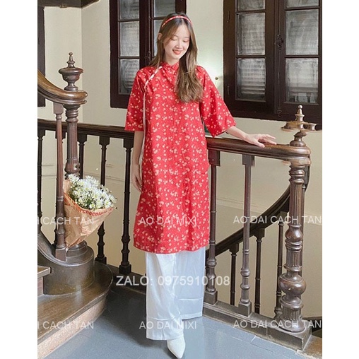 Áo dài cách tân dáng suông tay lỡ họa tiết hoa nhí lụa Hàng Châu cao cấp mềm mát, áo dài thắt nơ vai trẻ trung rất đẹp