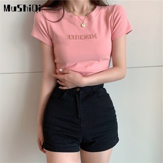 Áo Thun Tay Ngắn Dáng Ôm Thêu Chữ Đơn Giản Thời Trang Cho Nữ