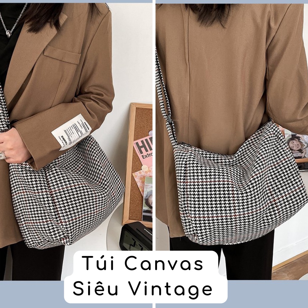 Túi Vải Đeo Chéo Caro, Túi Tote Vải Canvas Phong Cách Hàn Quốc Cho Học Sinh Sinh Viên Đi Học Đi Chơi Đi Làm