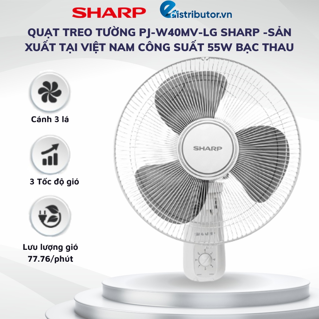Quạt treo tường PJ-W40MV-LG Sharp  Sản xuất tại Việt Nam Công Suất 55W Bạc Thau - Hàng chính hãng