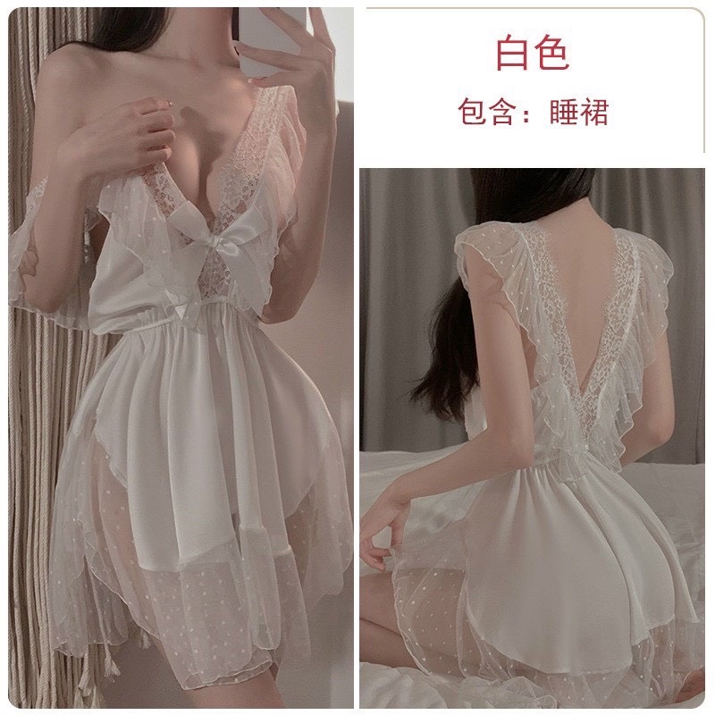 Váy lụa ngủ phối ren cổ V sexy