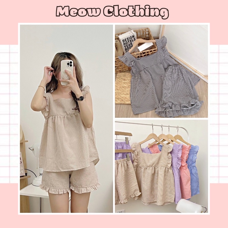 Đồ Bộ Mặc Nhà, Pijama Cánh Tiên Quần Ngố Chất Xốp Kẻ - Meow Clothing