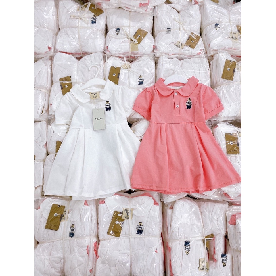 BÁN SỈ SET 2 VÁY BÉ GÁI CỔ SEN TRẮNG HỒNG THÊU GẤU