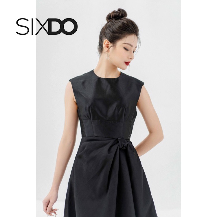 Váy đầm đen không tay nhúm nơ eo thời trang SIXDO (Black Sleeveless Midi Taffeta Dress)