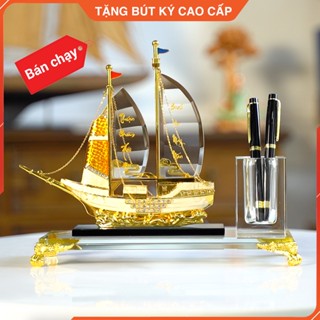 Ống Cắm Bút, Hộp Đựng Bút Doanh Nhân Thuyền Thuận Buồm Xuôi Gió Đính Đá, Chất Liệu Đồng Mạ Vàng 24K, Hộp bút để bàn
