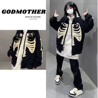 Áo Khoác Bomber Đen Thêu Xù Hình Bộ Xương Mới 2022 Godmother