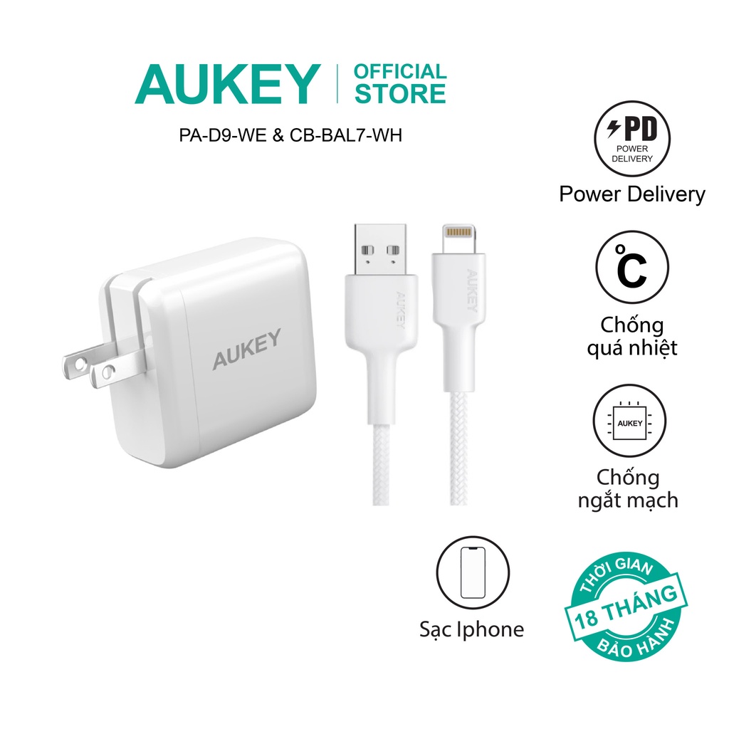 Combo bộ sạc Aukey PA-D9 và cáp sạc CB-BAL7 sạc nhanh, nhỏ gọn dành cho Laptop và Macbook