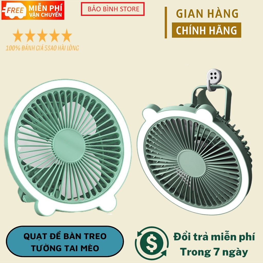 QUẠT ĐỂ BÀN TREO TƯỜNG TAI MÈO CÓ ĐÈN NGỦ, Quạt Để Bàn Mini Cực Mát Nhỏ Gọn Tiện Lợi Khi Mang The