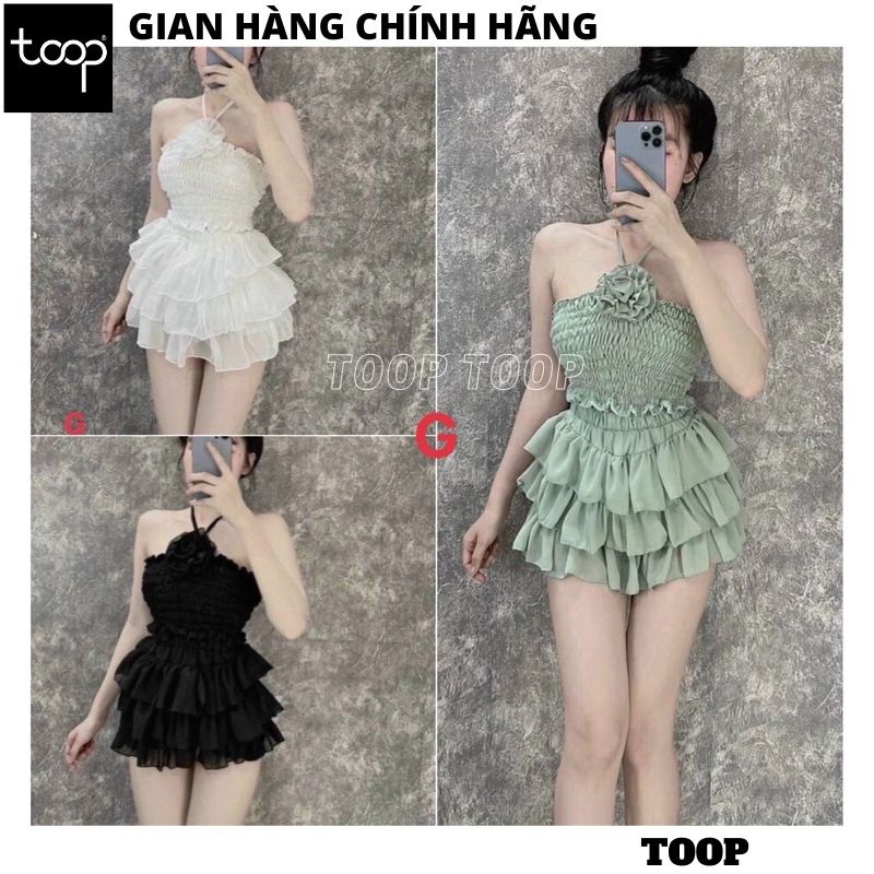 Set áo ống cổ yếm đính hoa kèm váy voan tơ xòe tầng cực sexy, Bộ 2 món áo quây kèm chân váy điệu đà thời trang - TOOP