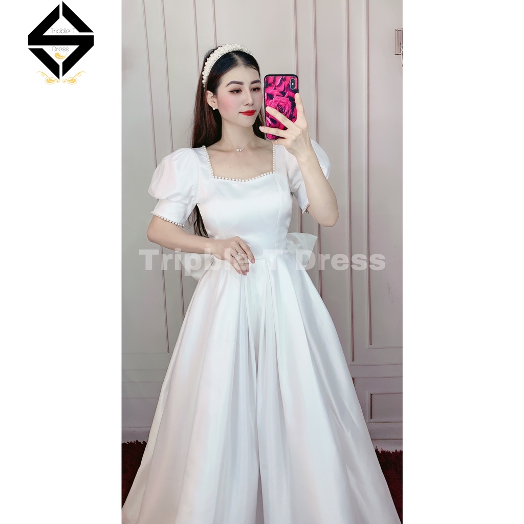 Đầm maxi cưới TRIPBLE T DRESS cổ U tay ngắn phồng hở lưng kết viền ngọc - size S/M/L - MS273Y