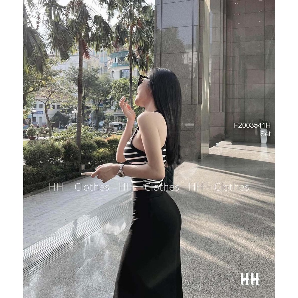 Set 2 món áo thun zip cổ yếm kẻ sọc croptop phối chân váy xòe đuôi cá dáng dài!