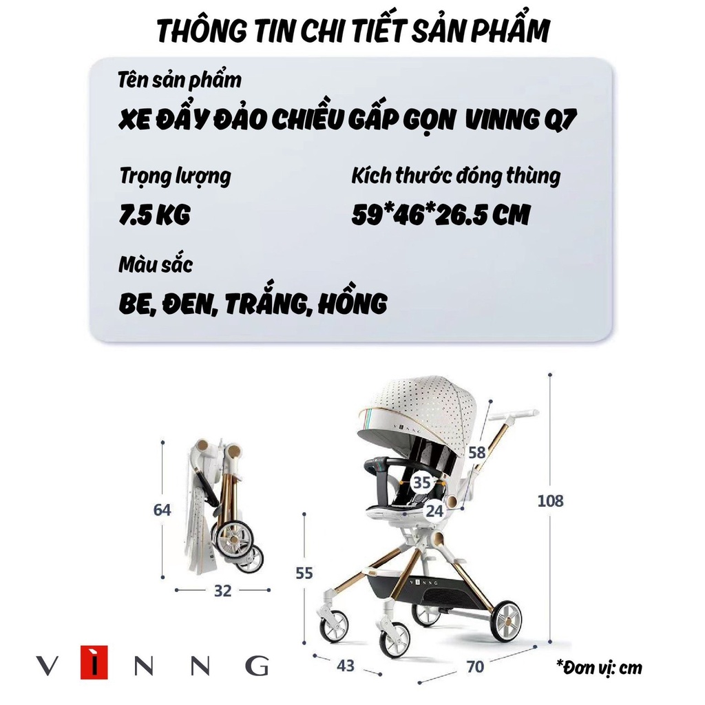 Xe đẩy Winng Q7 mẫu mới nhất gấp siêu gọn, ngả nằm, đảo chiều, dùng cho bé từ sơ sinh-6 tuổi, Xe đẩy đảo chiều gấp gọn