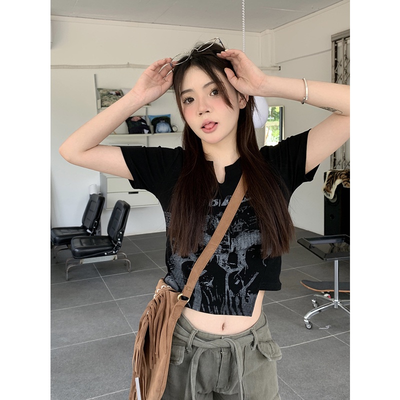 Áo Croptop Tay Ngắn In Họa Tiết Phong Cách Retro Mỹ Quyến Rũ Cho Nữ