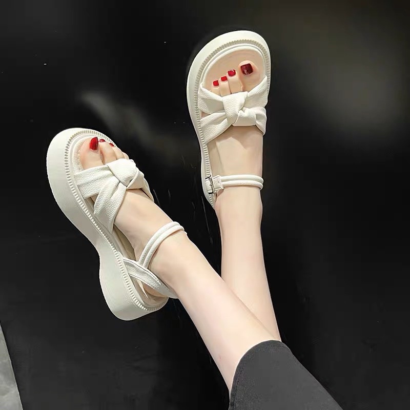 Giày sandal nữ nơ phong cách tiểu thư bánh bèo đế cao 5cm chất liệu da PU cao cấp phù hợp đi học