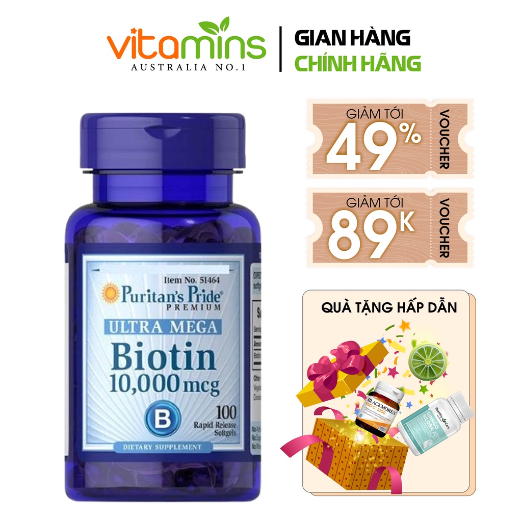 Viên uống Puritan s Pride Ultra Mega Biotin 10000 mcg 100 viên giúp mọc tóc