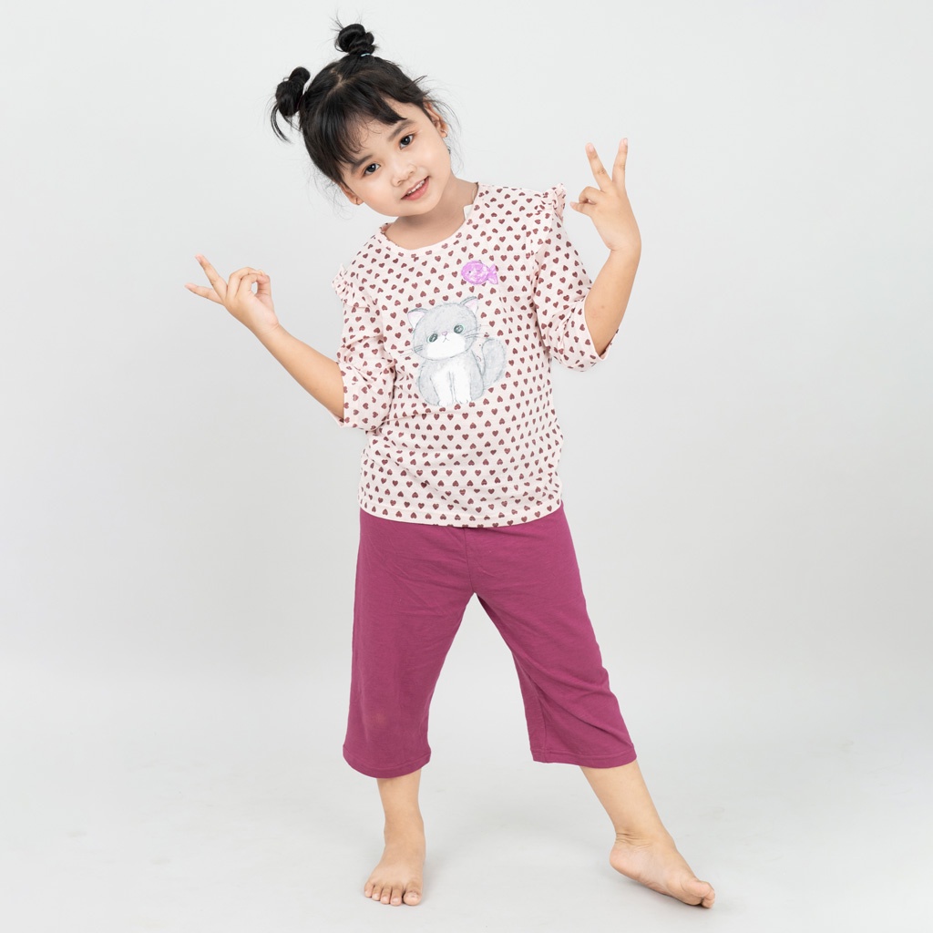 Đồ bộ lửng quần áo thun cotton mặc nhà mùa hè cho bé trai và bé gái Unifriend Hàn Quốc 2023-5