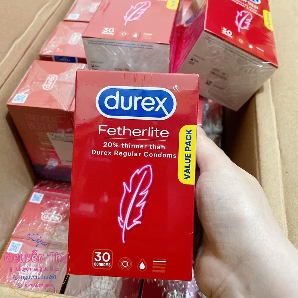 (Che tên)Hộp 30 chiếc bao cao su siêu mỏng kéo dài thời gian durex fetherlite ultra thin feel condoms extra sensitive úc