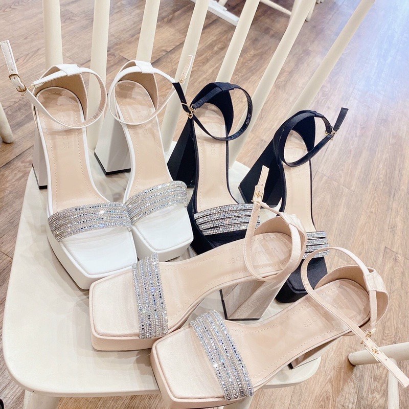 Giầy sandal nữ quai ngang full đá chất liệu da lì,gót trụ cao 14cm siêu đẹp